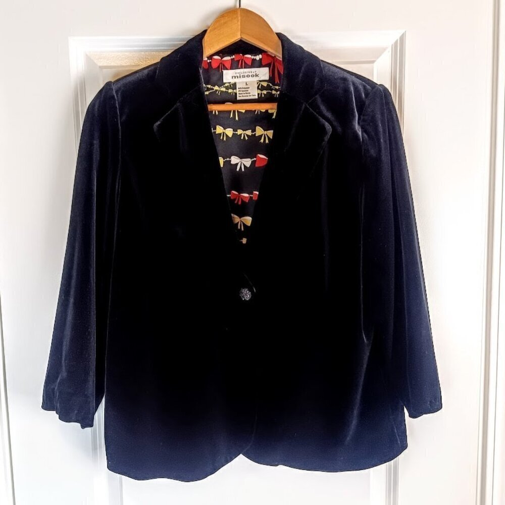Vintage Misook Black Velvet Bow Print Lined Blazer Jacket